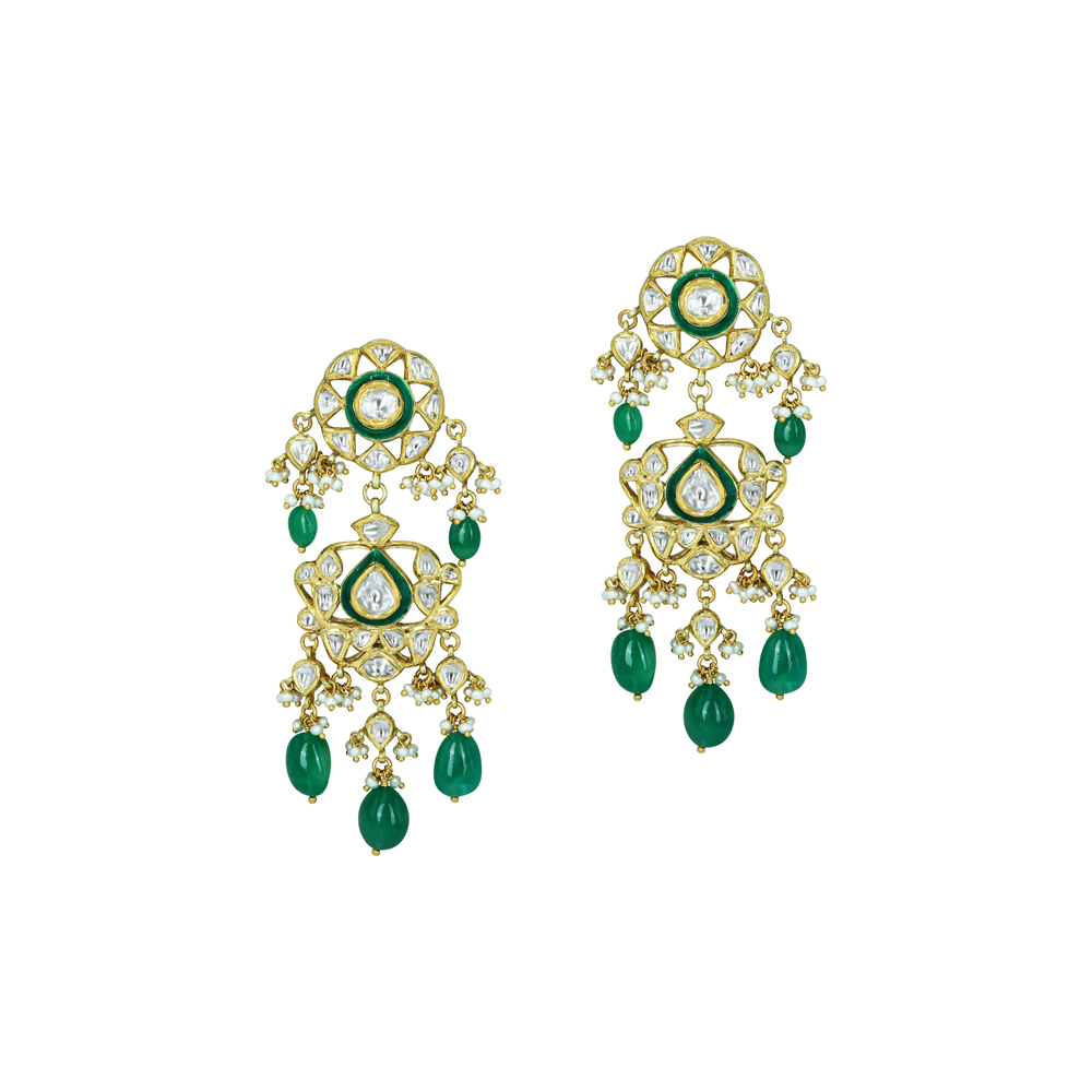 Pear Shaped Polki Earrings with Emerald Drops and Cascading Design